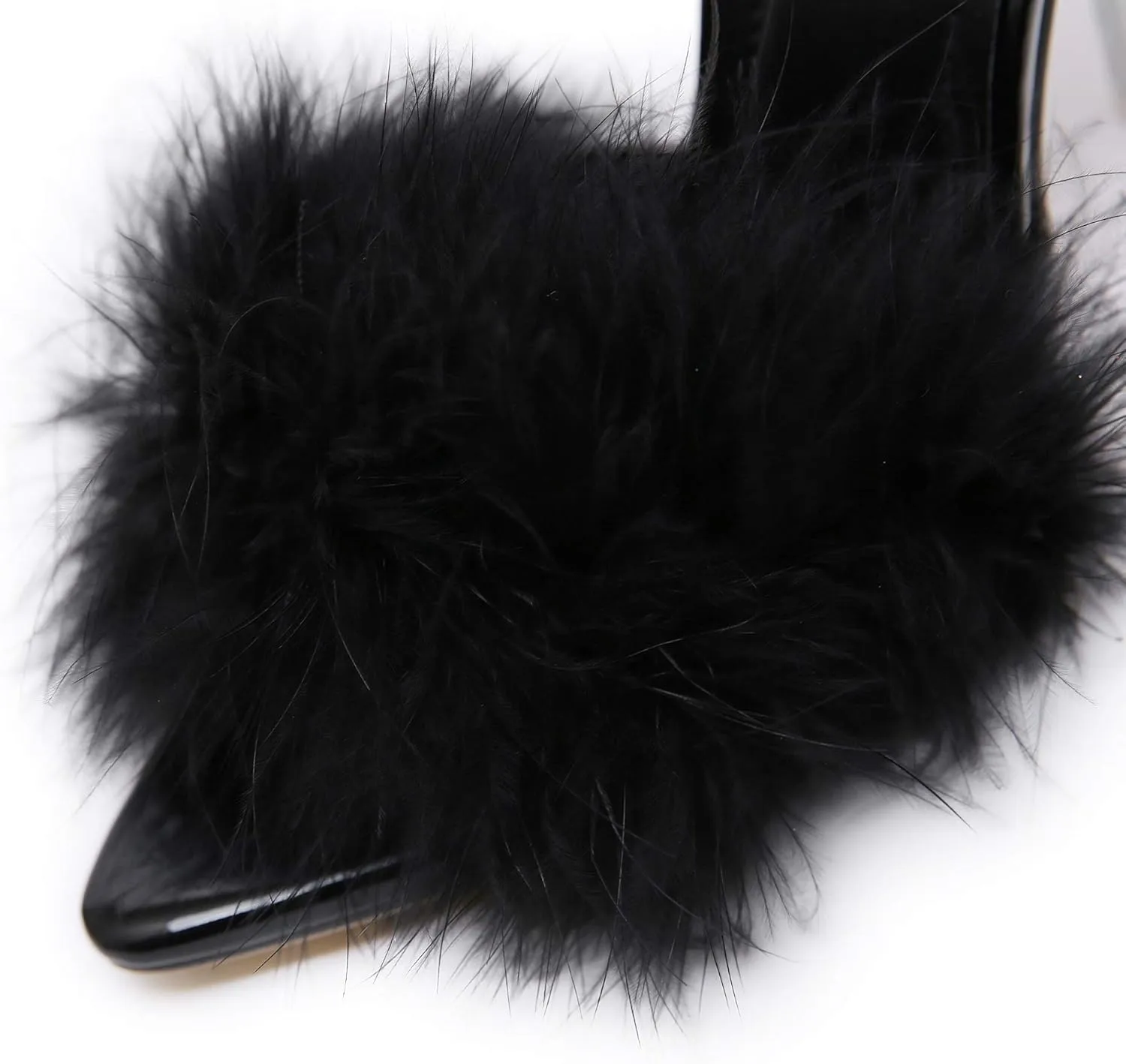 YIYA Women's Feather High Heels Slides Sexy Peep Toe Summer Fur Slippers Clear Heeled Mules Slip On Slide Sandal