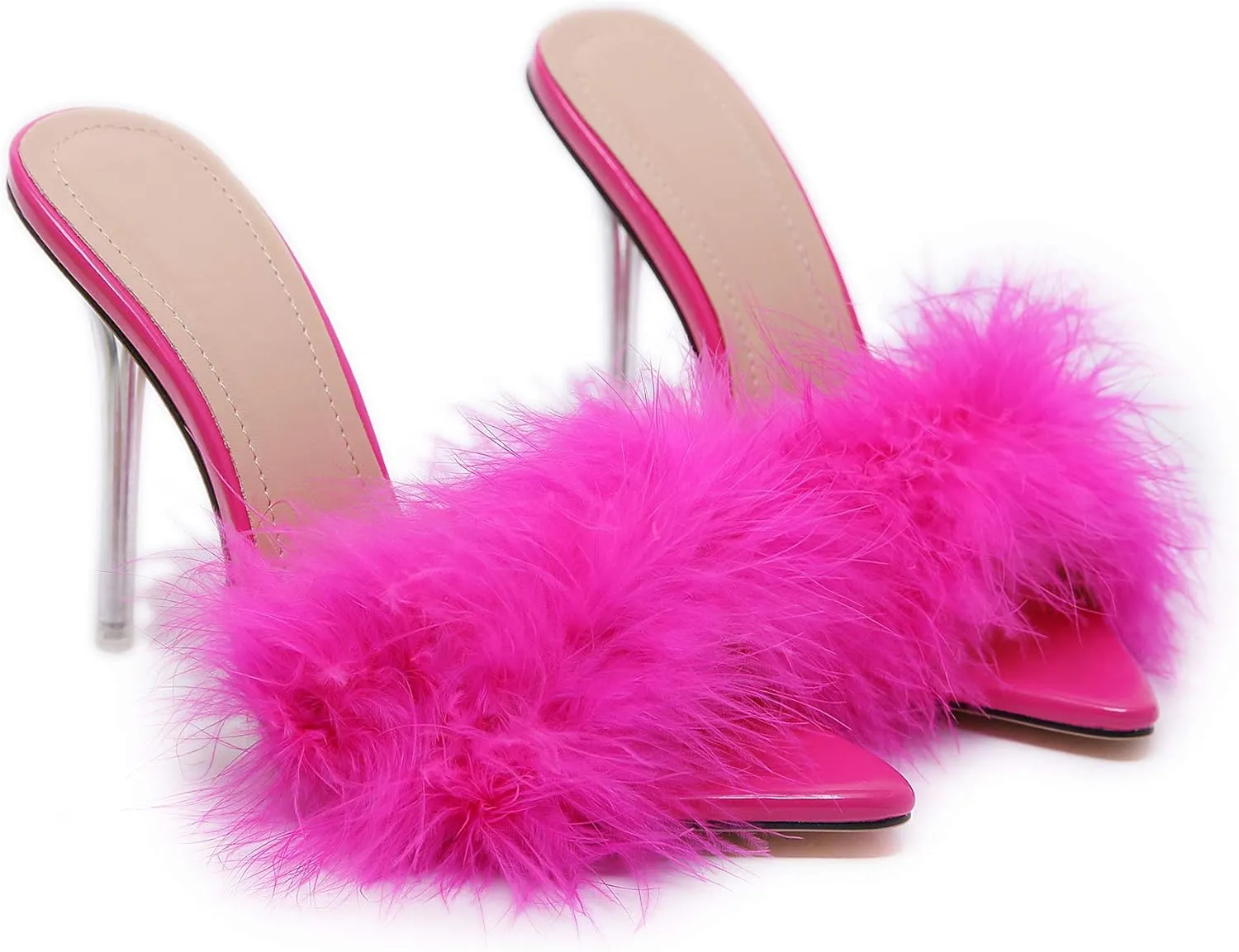 YIYA Women's Feather High Heels Slides Sexy Peep Toe Summer Fur Slippers Clear Heeled Mules Slip On Slide Sandal