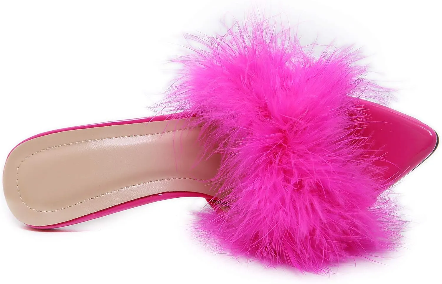 YIYA Women's Feather High Heels Slides Sexy Peep Toe Summer Fur Slippers Clear Heeled Mules Slip On Slide Sandal