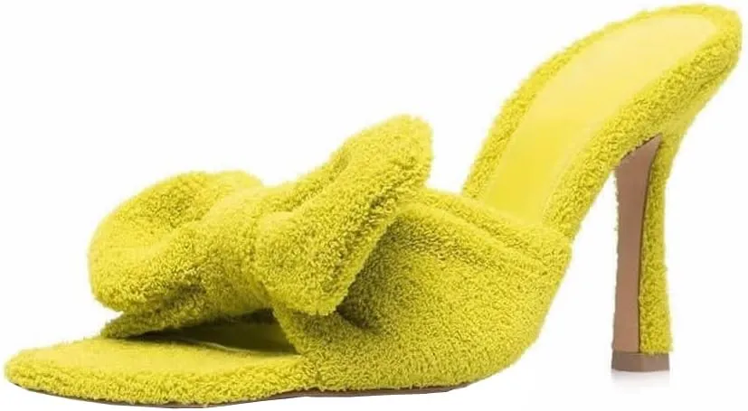 YIYA Women's Open Toe Heeled Mules with Bow Slip On Stiletto Heels Stretch Towel Bow Knotted Sandals