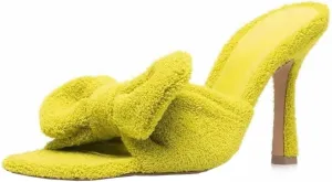 YIYA Women's Open Toe Heeled Mules with Bow Slip On Stiletto Heels Stretch Towel Bow Knotted Sandals