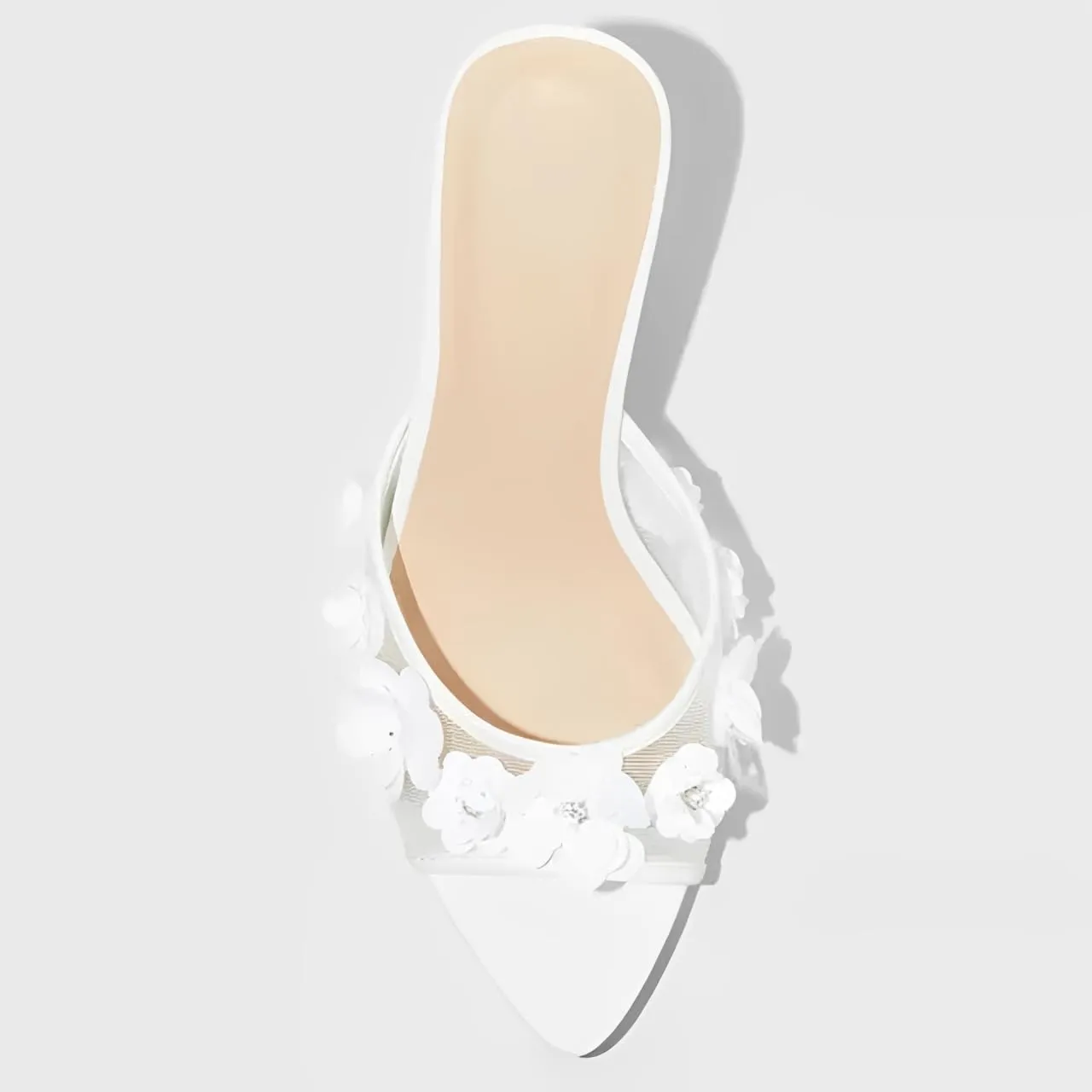 YIYA Women's White Floral Rhinestone Mules Kitten Heels Mesh Stiletto Sandals Open Pointed Peep Toe Slip On Backless Wedding Bridal Flower Spring Summer Dress Shoes