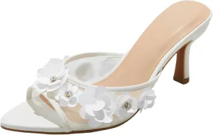 YIYA Women's White Floral Rhinestone Mules Kitten Heels Mesh Stiletto Sandals Open Pointed Peep Toe Slip On Backless Wedding Bridal Flower Spring Summer Dress Shoes