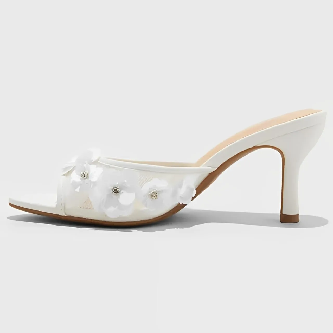 YIYA Women's White Floral Rhinestone Mules Kitten Heels Mesh Stiletto Sandals Open Pointed Peep Toe Slip On Backless Wedding Bridal Flower Spring Summer Dress Shoes