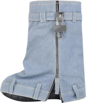 Yolkomo Women's Fold Over Knee High Denim Boots with Zipper Lock