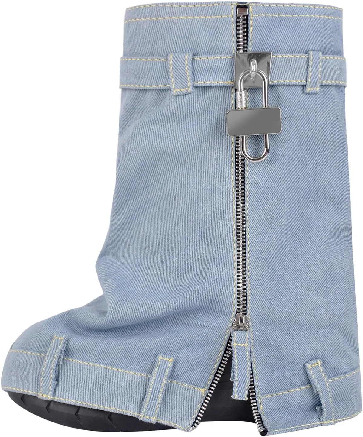 Yolkomo Women's Fold Over Knee High Denim Boots with Zipper Lock