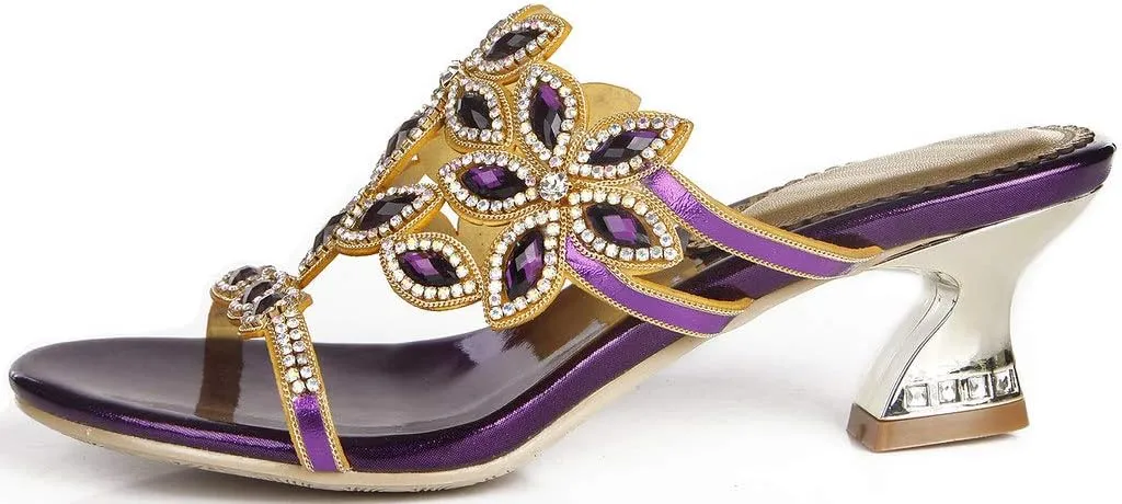 YooPrettyz Women Open Toe Flowers Comfort Chunky Low Heels Rhinestone Dress Sandals