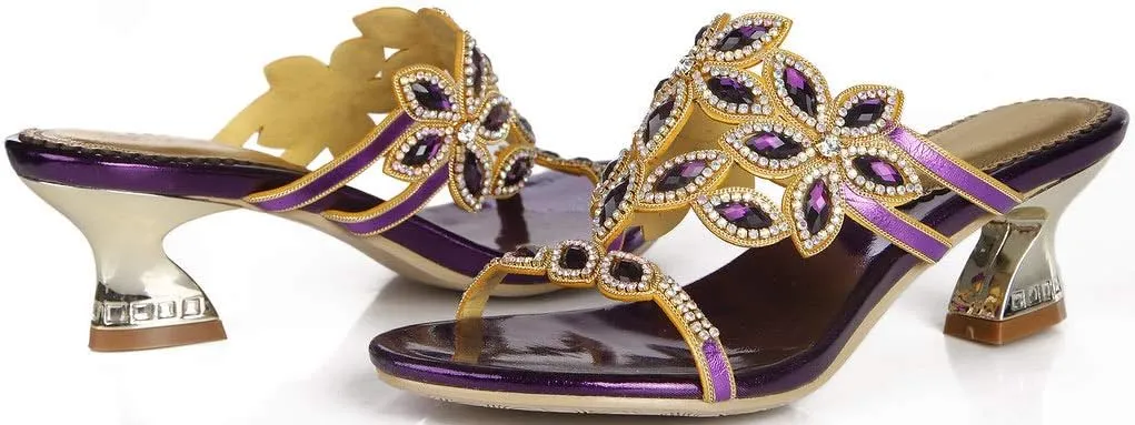 YooPrettyz Women Open Toe Flowers Comfort Chunky Low Heels Rhinestone Dress Sandals