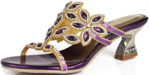 YooPrettyz Women Open Toe Flowers Comfort Chunky Low Heels Rhinestone Dress Sandals