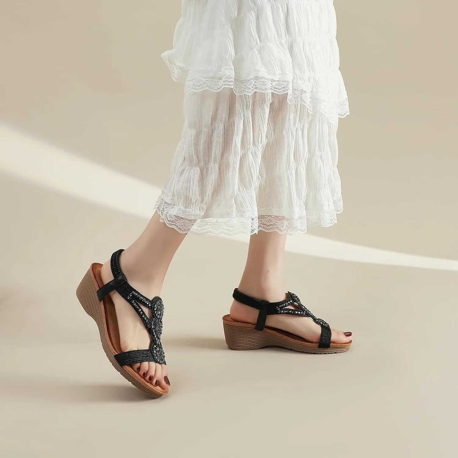 youngshow Wedge Sandals for Women Summer Comfy Elastic Ankle Strap Low Heel Dress Shoes Gladiator Sandals Beach