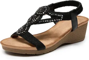 youngshow Wedge Sandals for Women Summer Comfy Elastic Ankle Strap Low Heel Dress Shoes Gladiator Sandals Beach