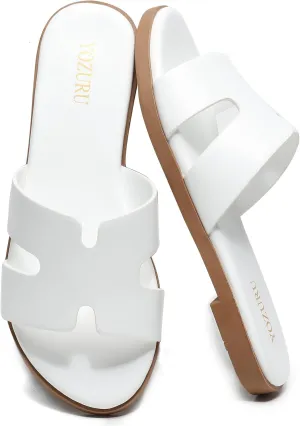 Yozuru Womens Flat Sandals Open Toe Dressy Summer Sandals Comfortable Casual Slip on Leather Slides Sandals for women