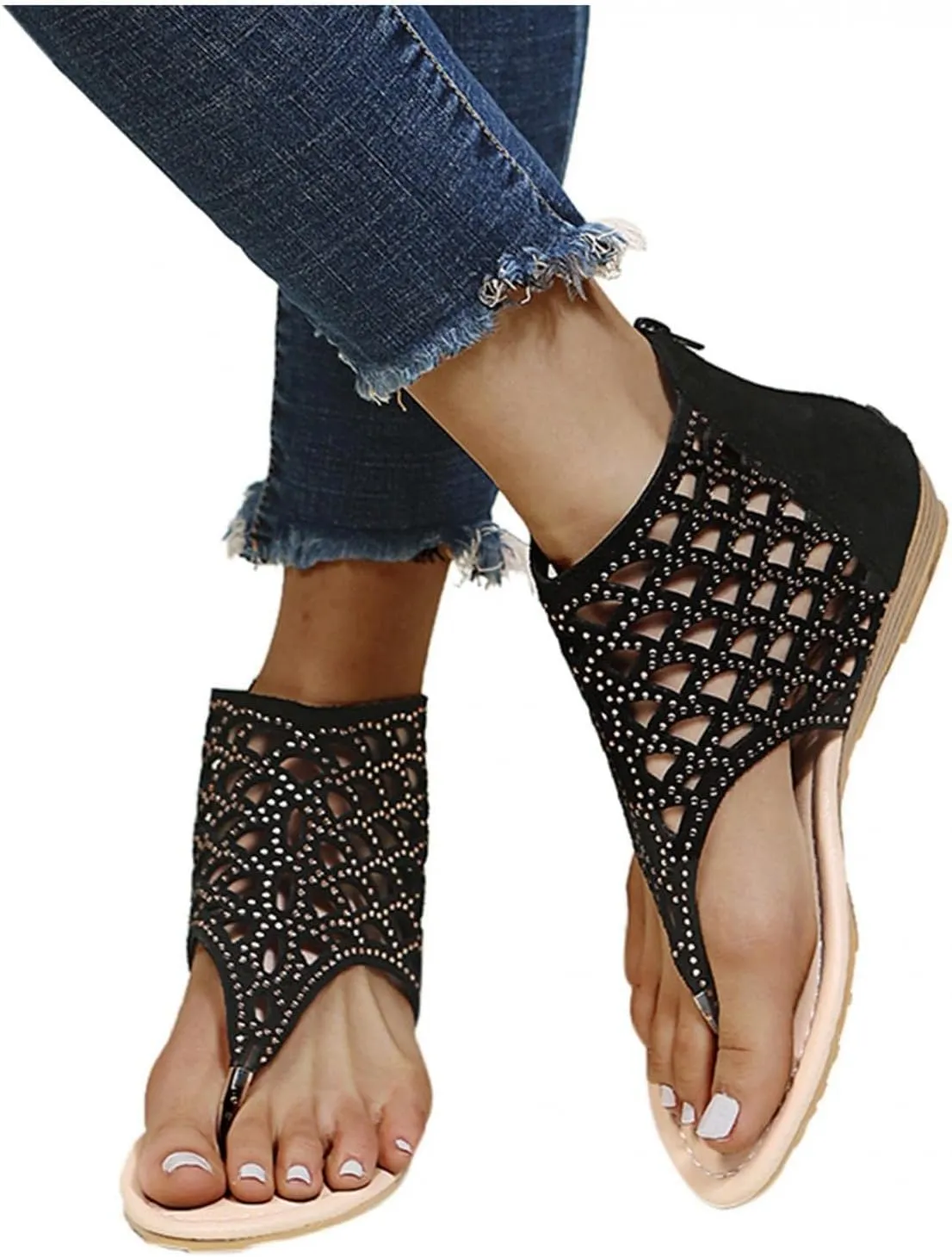 ZBYY Womens Gladiator Thong Flat Sandals Rhinestone Bohemian Beach Roman Flip Flops Sandals T-Strap Hollow Out Sandals