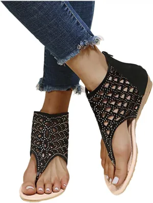 ZBYY Womens Gladiator Thong Flat Sandals Rhinestone Bohemian Beach Roman Flip Flops Sandals T-Strap Hollow Out Sandals