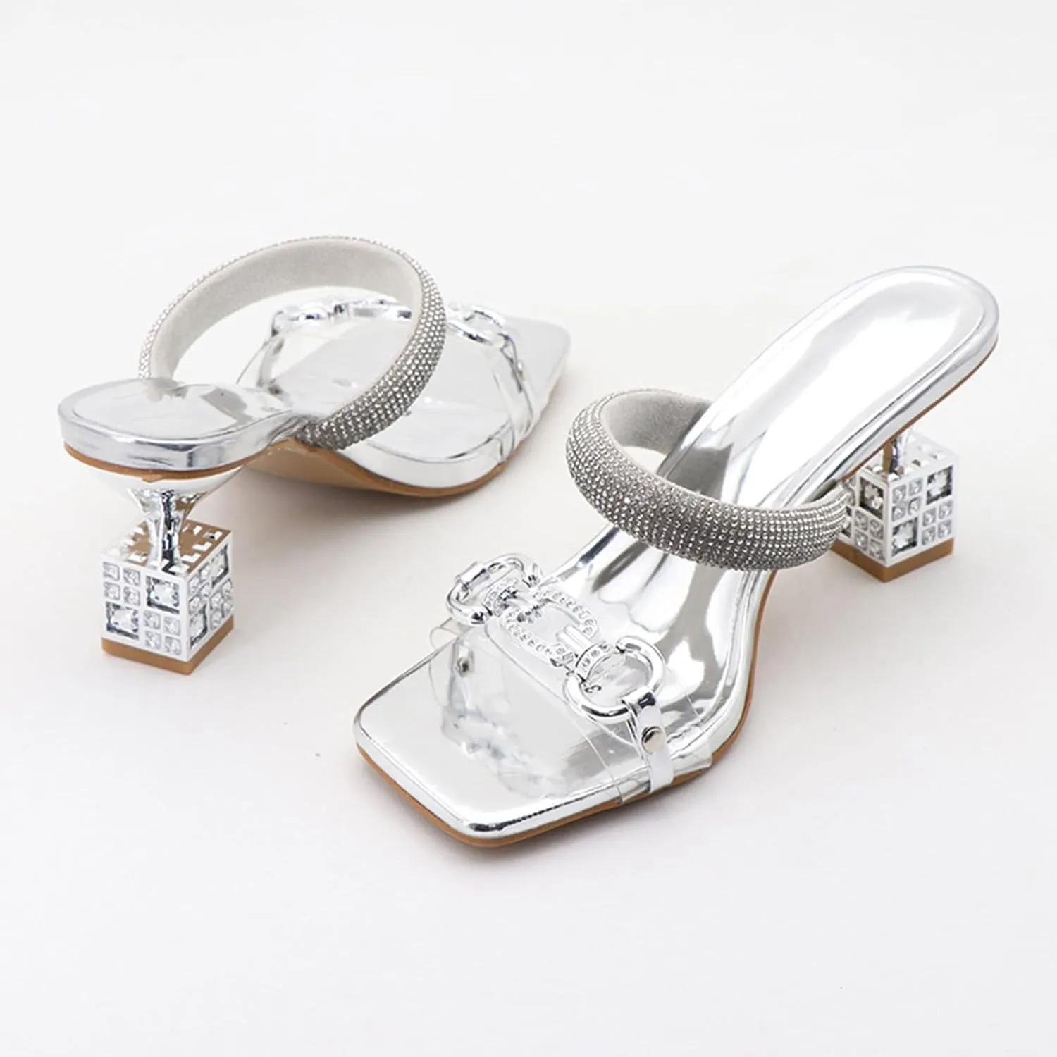 Zeberfi Women's Two Strap Rhinestone Square Heeled Sandals Sexy Sparkly Square Toe Slip On High Heels Mules Sandals Summer Elegant Bride Wedding Dress Shoes