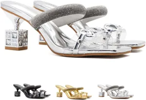 Zeberfi Women's Two Strap Rhinestone Square Heeled Sandals Sexy Sparkly Square Toe Slip On High Heels Mules Sandals Summer Elegant Bride Wedding Dress Shoes