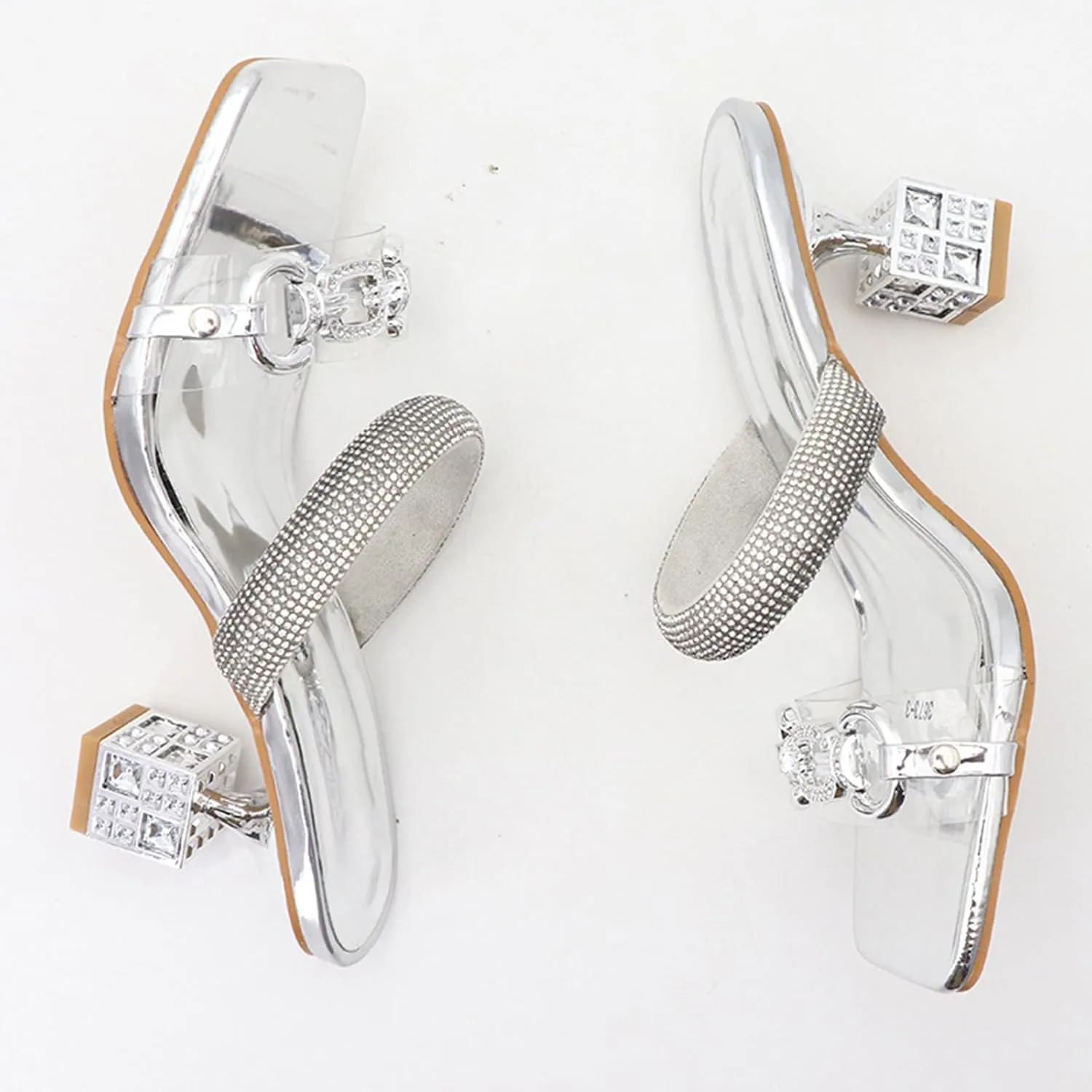 Zeberfi Women's Two Strap Rhinestone Square Heeled Sandals Sexy Sparkly Square Toe Slip On High Heels Mules Sandals Summer Elegant Bride Wedding Dress Shoes