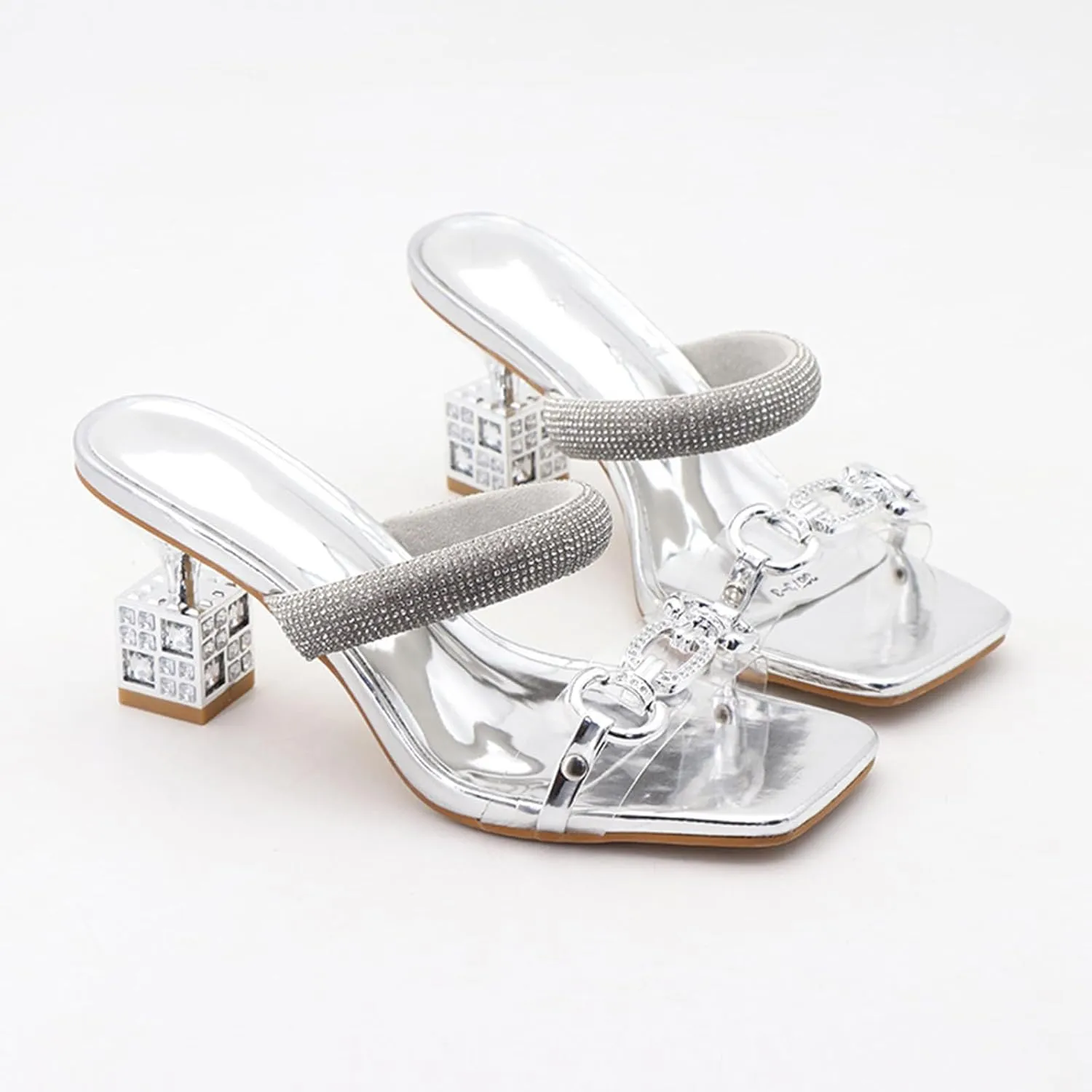 Zeberfi Women's Two Strap Rhinestone Square Heeled Sandals Sexy Sparkly Square Toe Slip On High Heels Mules Sandals Summer Elegant Bride Wedding Dress Shoes