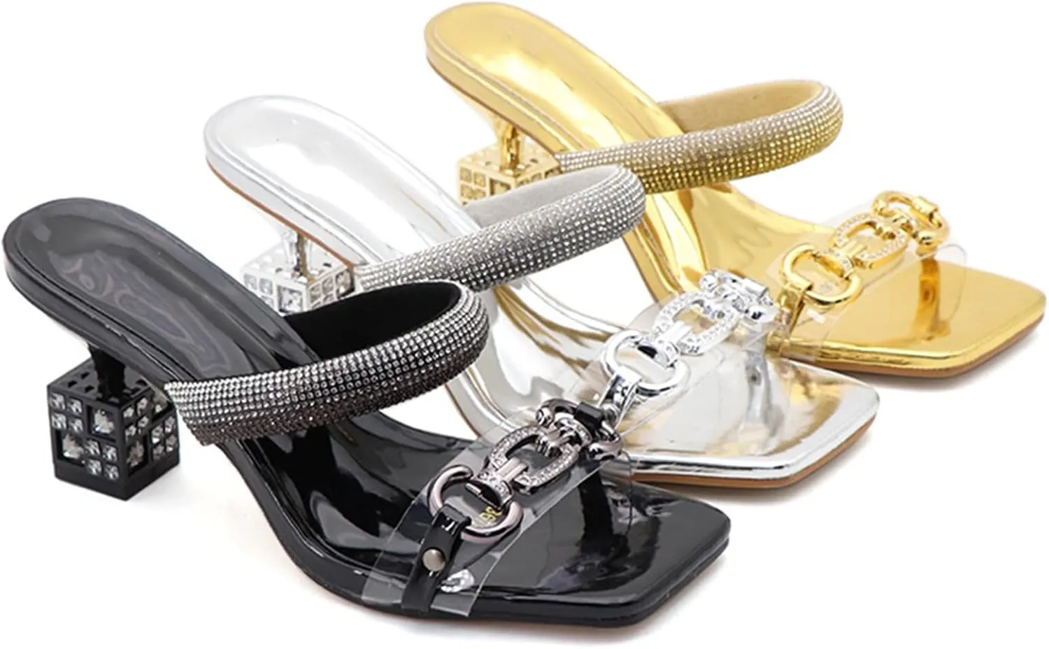 Zeberfi Women's Two Strap Rhinestone Square Heeled Sandals Sexy Sparkly Square Toe Slip On High Heels Mules Sandals Summer Elegant Bride Wedding Dress Shoes