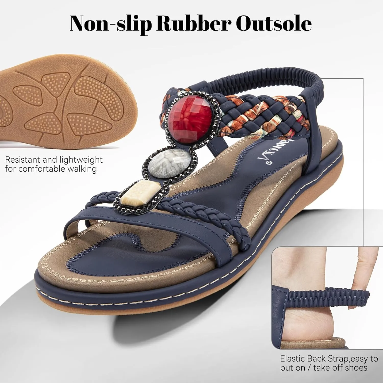 Zelaprox Women's Sandals Jeweled Crystal Summer Comfortable Slip-on Flat Sandals Open Toe Ankle Elastic Strap Beach Shoes Sandals Flops Dressy Sandals