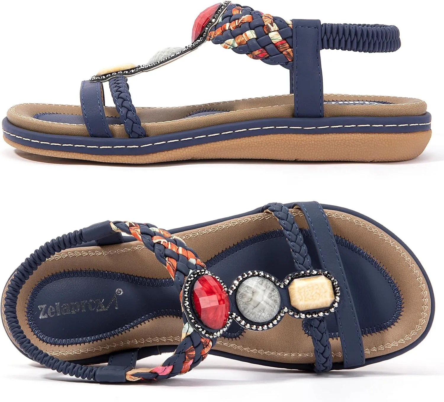 Zelaprox Women's Sandals Jeweled Crystal Summer Comfortable Slip-on Flat Sandals Open Toe Ankle Elastic Strap Beach Shoes Sandals Flops Dressy Sandals
