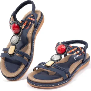 Zelaprox Women's Sandals Jeweled Crystal Summer Comfortable Slip-on Flat Sandals Open Toe Ankle Elastic Strap Beach Shoes Sandals Flops Dressy Sandals