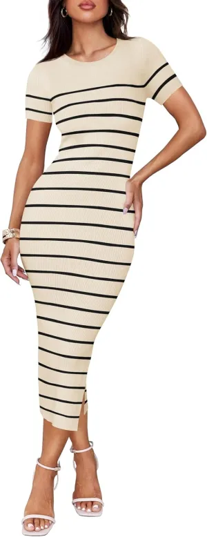 ZESICA Women's 2025 Summer Bodycon Midi Dress Striped Short Sleeve Ribbed Knit Slim Fit Side Slit Vacation Long Dresses