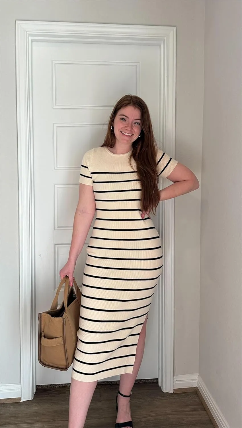 ZESICA Women's 2025 Summer Bodycon Midi Dress Striped Short Sleeve Ribbed Knit Slim Fit Side Slit Vacation Long Dresses