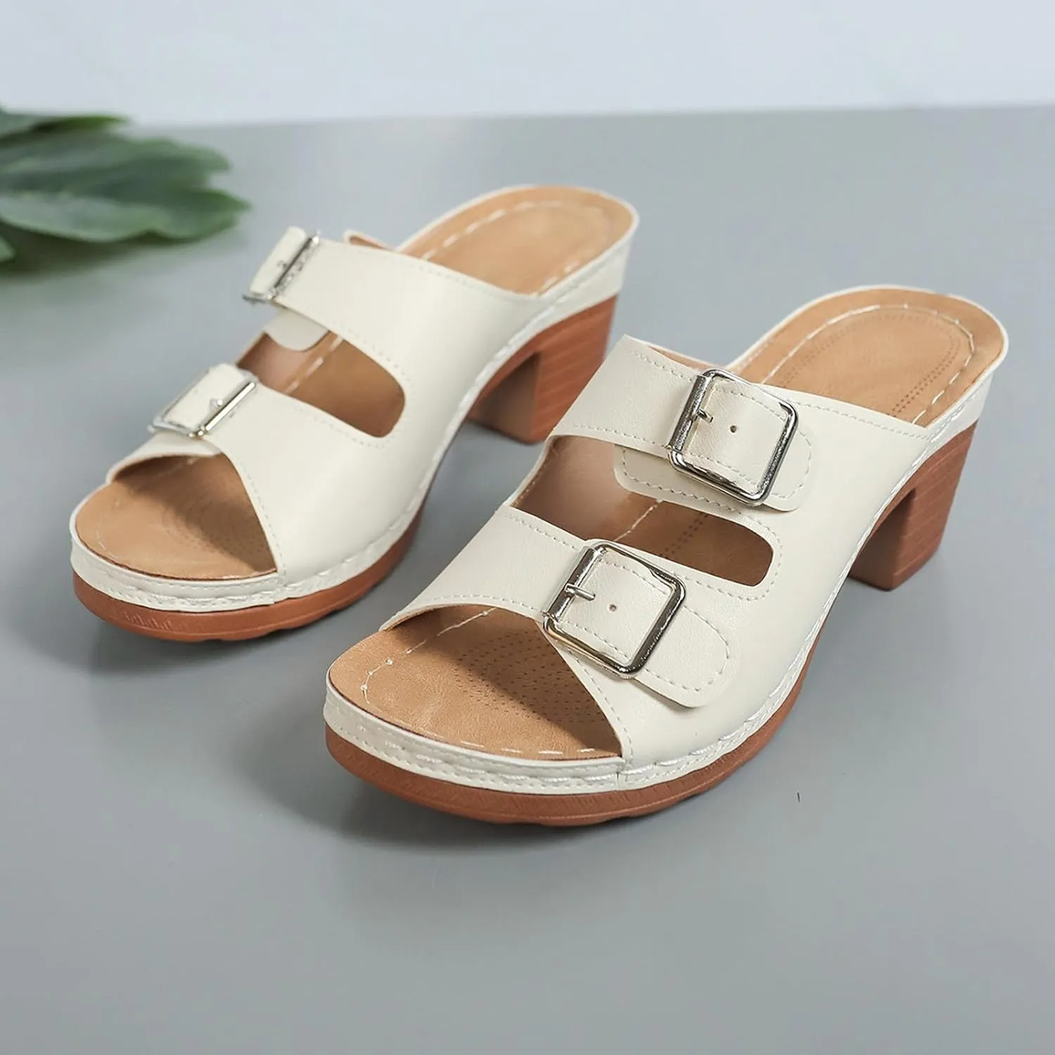 ZSpzx Summer Sandals For Women 2025,Women's Heeled Two Strap Open Toe Mid Ankle Sandal Adjustable Comfortable Casual Slippers Low Block Chunky Heels Slip On Womens Backless Mules Slide Walking Shoes