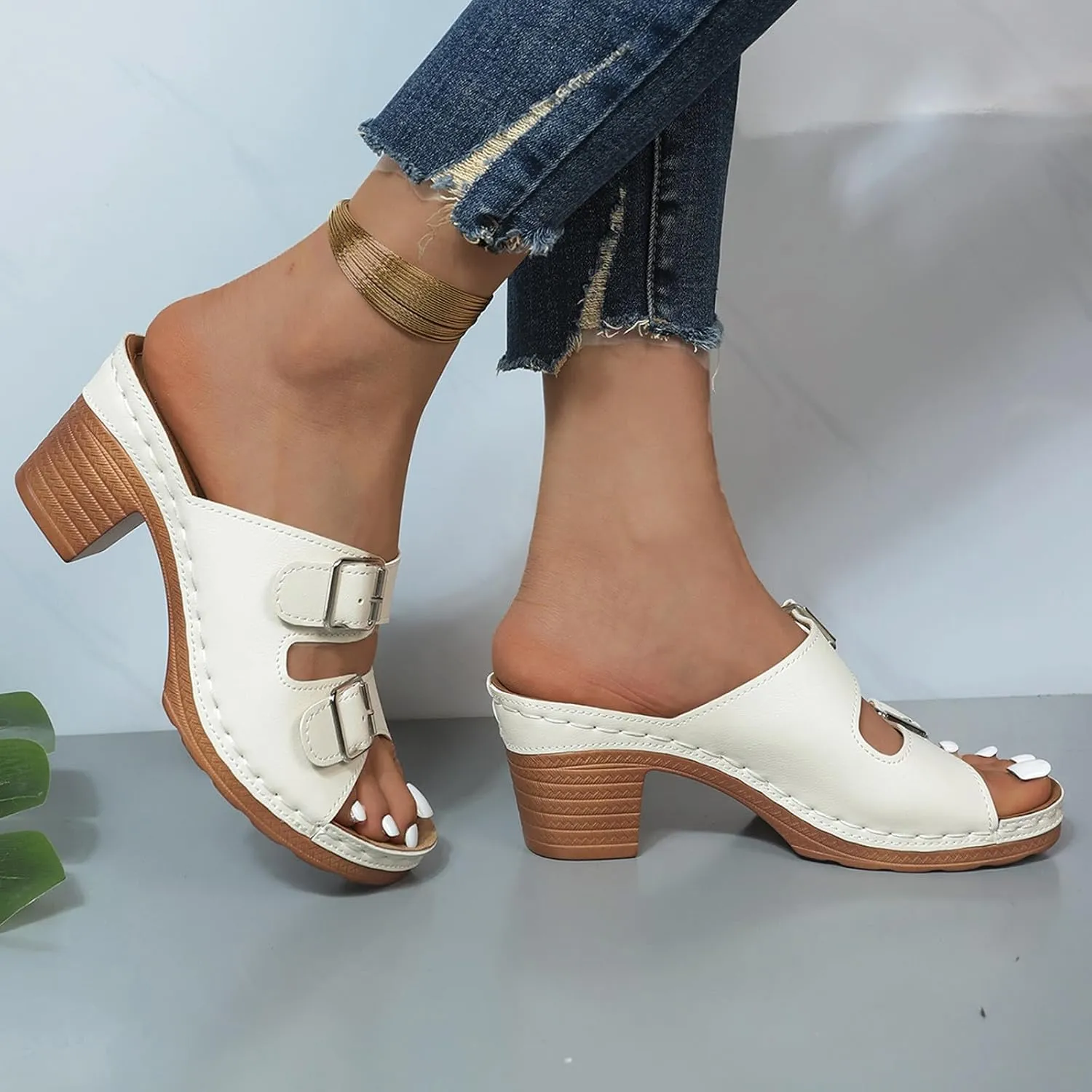 ZSpzx Summer Sandals For Women 2025,Women's Heeled Two Strap Open Toe Mid Ankle Sandal Adjustable Comfortable Casual Slippers Low Block Chunky Heels Slip On Womens Backless Mules Slide Walking Shoes