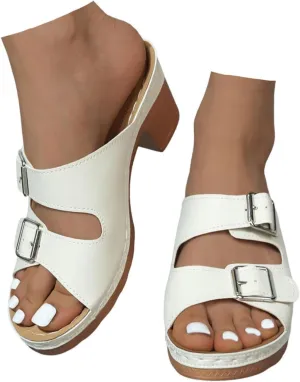ZSpzx Summer Sandals For Women 2025,Women's Heeled Two Strap Open Toe Mid Ankle Sandal Adjustable Comfortable Casual Slippers Low Block Chunky Heels Slip On Womens Backless Mules Slide Walking Shoes