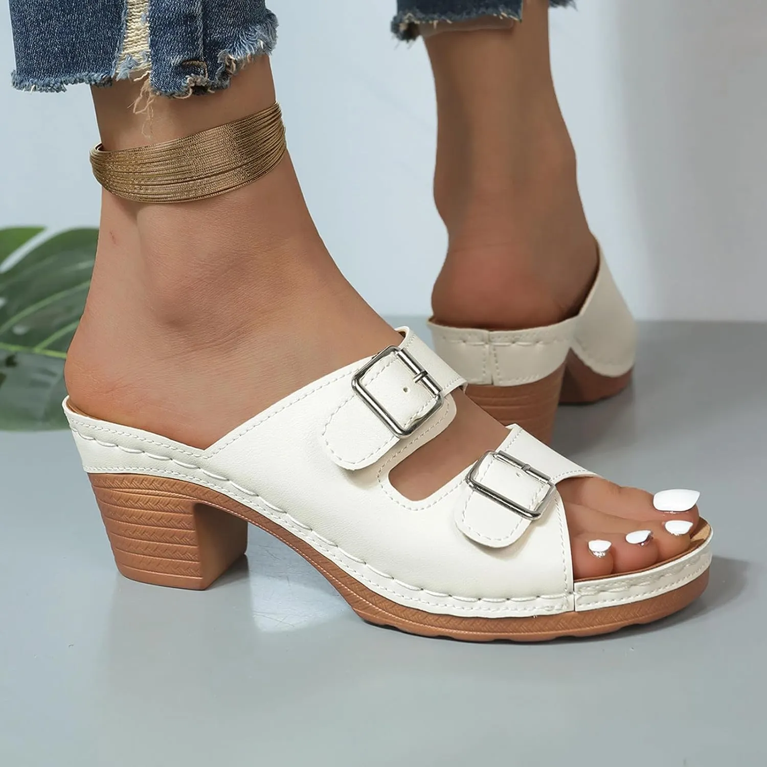 ZSpzx Summer Sandals For Women 2025,Women's Heeled Two Strap Open Toe Mid Ankle Sandal Adjustable Comfortable Casual Slippers Low Block Chunky Heels Slip On Womens Backless Mules Slide Walking Shoes