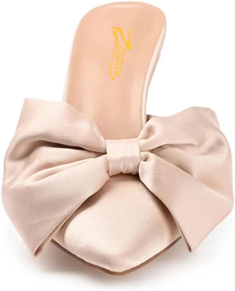 Zszszsu Women's Stiletto Heel Mules Closed Pointed Toe Bow Slide Sandals Elegant Backless Dress Wedding Party Shoes Size 4-16 US